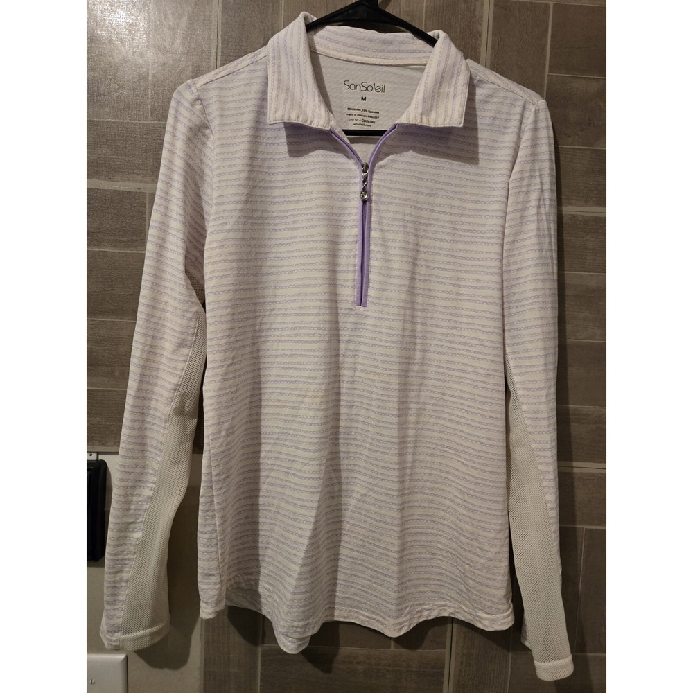 SanSoleil Womens White Purple Printed 1/4 Zip Mock Shirt Top Size M Long Sleeve